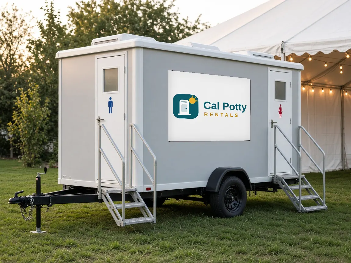 A grey two-door restroom trailer with steps parked on a lawn next to a white event tent with string lights