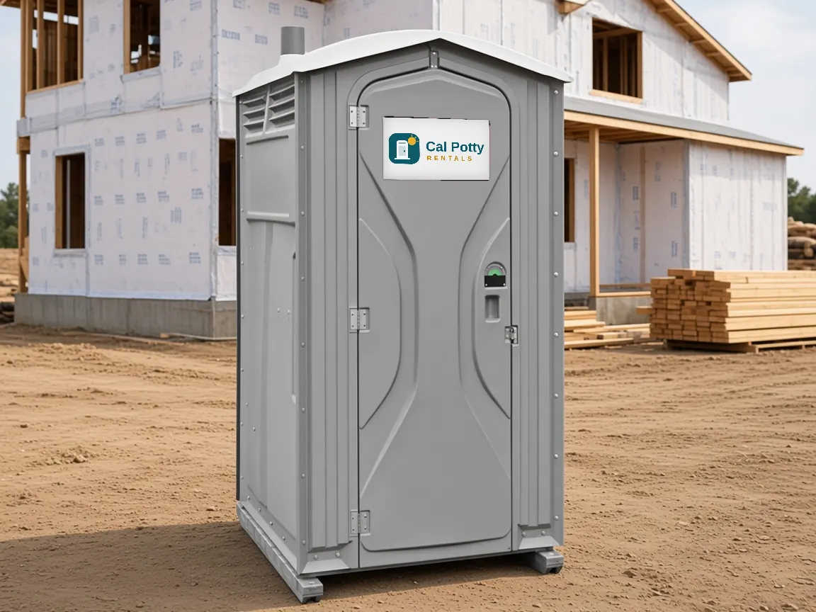 A grey porta potty on a dirt lot in front of a framed house under construction, an example setup for porta potty rental in Los Altos