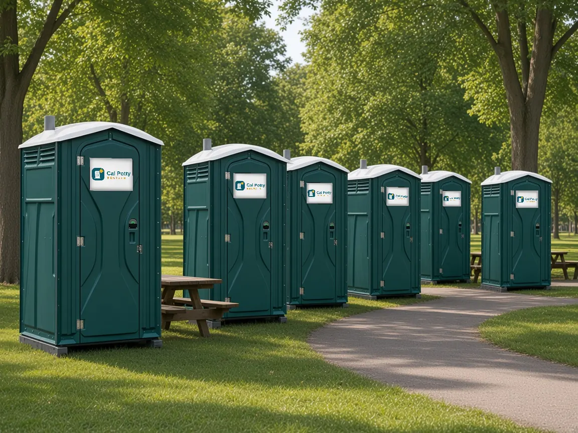 Six teal porta potties in a row along a park path, an example setup for porta potty rental in Menlo Park