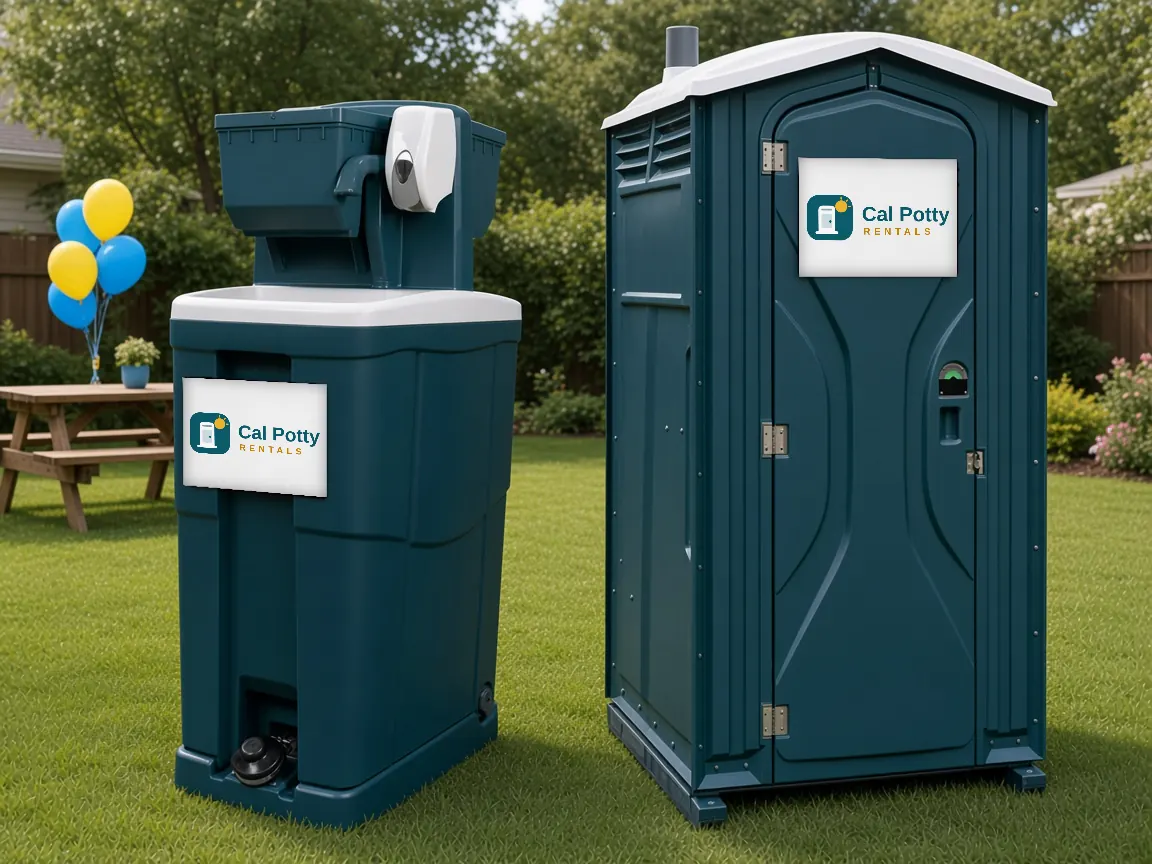 A teal handwashing station next to a teal porta potty on a backyard lawn with balloons and a picnic table